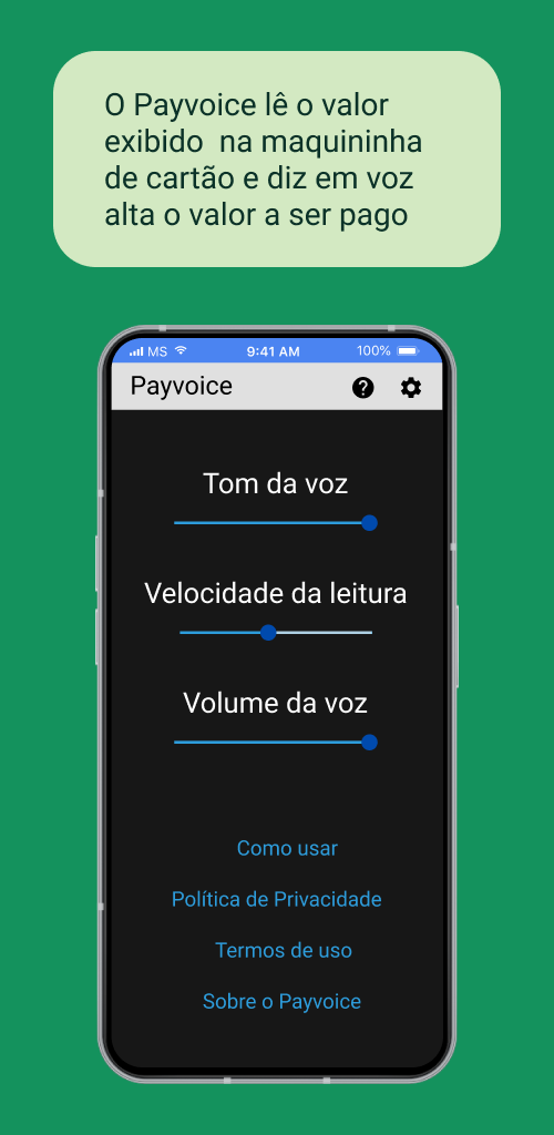 Tela de configurações do Payvoice com três controles deslizantes: tom da voz, velocidade da leitura e volume da voz.